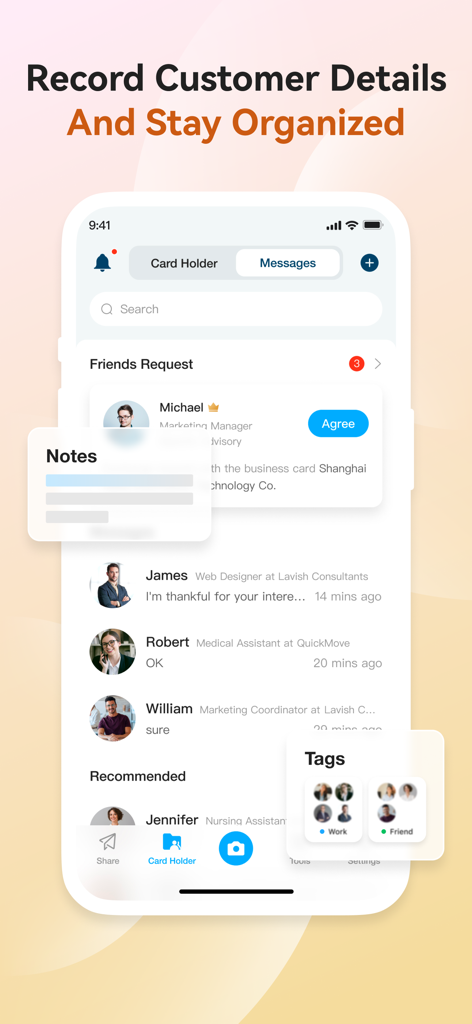 CamCard app interface displaying a contact list with notes and category tags for efficient professional organization.