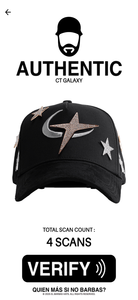 Barbas Hüte App-Verifizierungsbildschirm mit einer authentischen CT Galaxy Baseballkappe mit Sternendesigns und Scanverlauf.