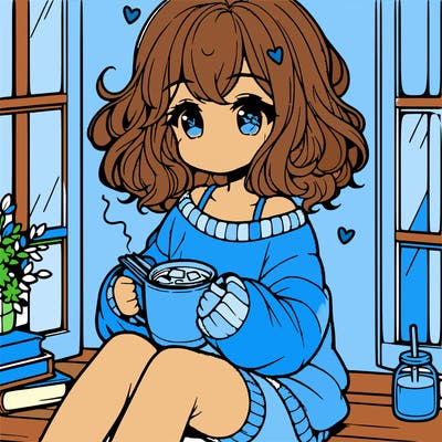 cute anime girl reading book and drinking hot chocolate from mug with loose wavy hair wearing a baggy sweatshirt and shorts sitting by windowsill looking out