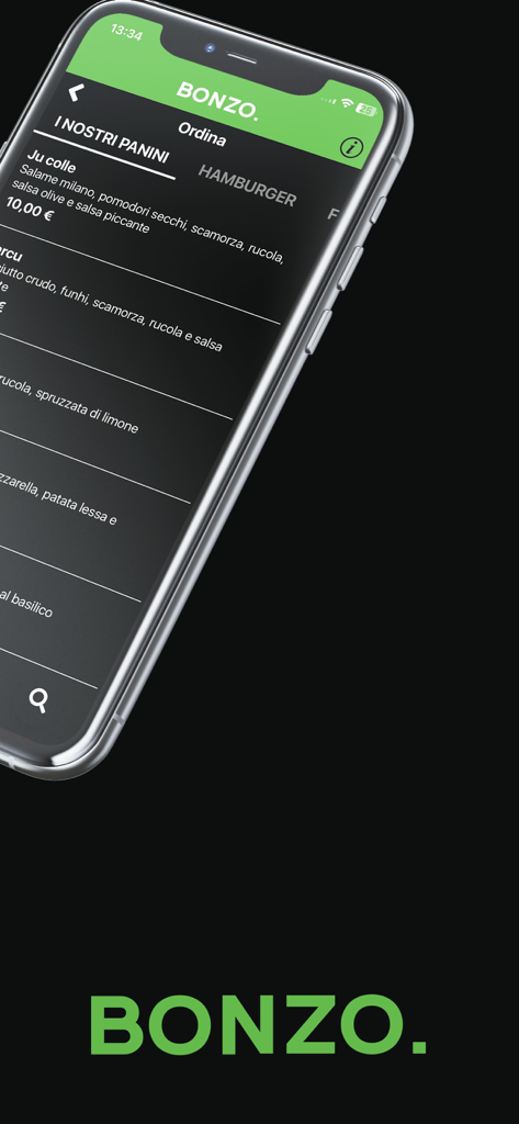 BONZO. BURGER - A smartphone screen displaying the Bonzo Burger app menu with a selection of gourmet sandwiches and prices.