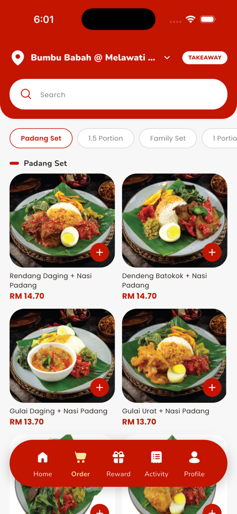 Screenshot of the Bumbu Babah app showing the Padang Set menu with several authentic Indonesian dishes like Rendang Daging and Nasi Padang.
