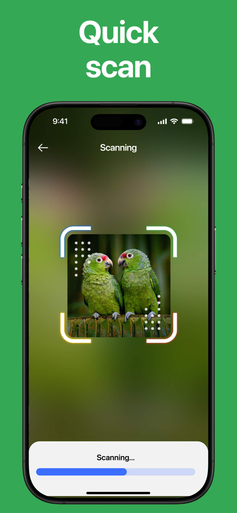 Lens: Reverse Image Search - A mobile screen showing the Lens app performing a quick scan on an image of two green parrots