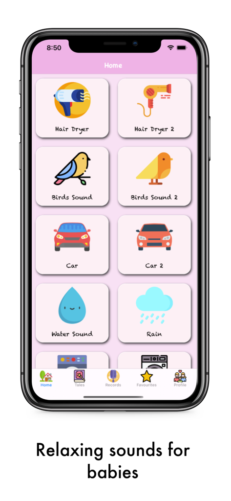 Écran d'accueil de l'application Baby Sleeper ASMR présentant des icônes de sons relaxants comme la pluie et les oiseaux pour les bébés.