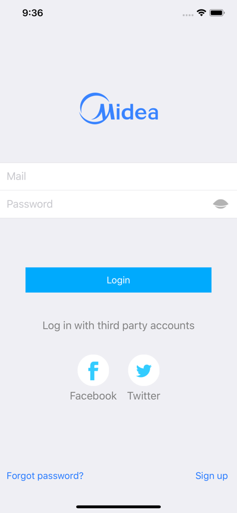 Midea Air app login screen with email and password fields