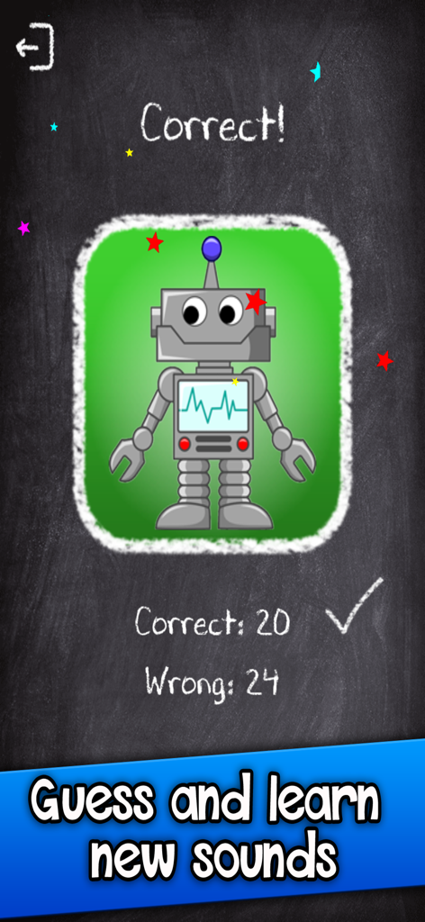 Captura de pantalla de la aplicación Adivina los sonidos que muestra una respuesta correcta para un sonido de robot con puntuaciones.