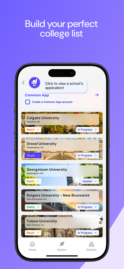 Loper app screen for building a college list showing university matches and application status.