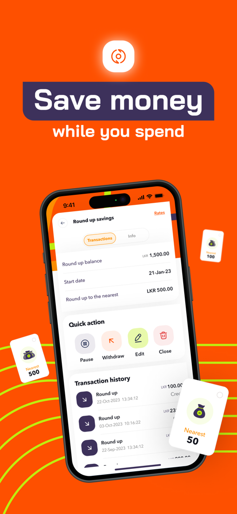 Interface de l'application mobile FriMi affichant la fonction d'épargne par arrondi avec l'historique des transactions et des actions rapides.