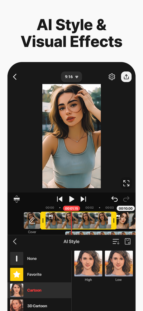Interfaz del editor de video KineMaster que muestra efectos visuales y de estilo de IA con un filtro de dibujos animados aplicado al retrato de una mujer