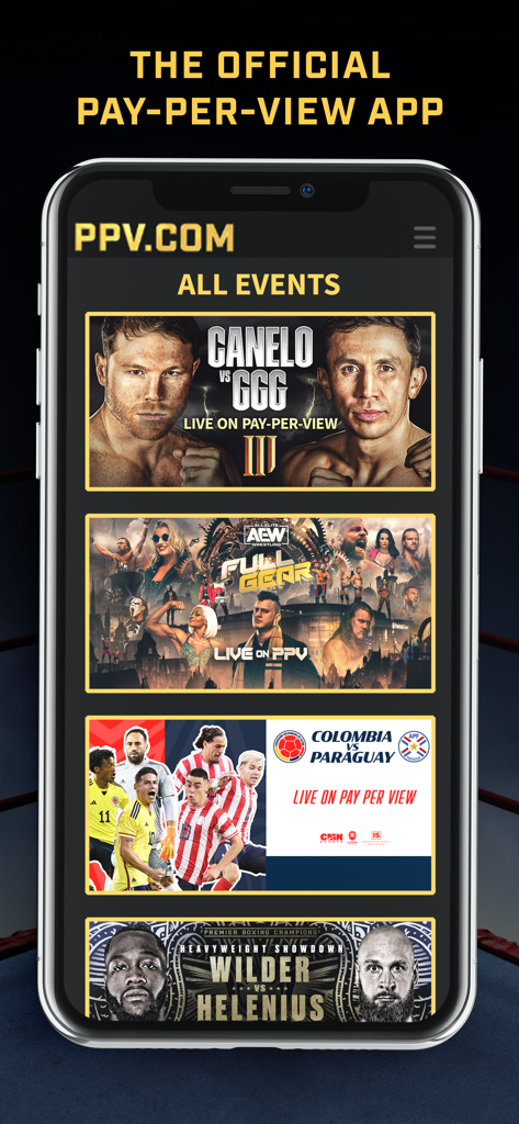 The PPV.COM mobile app showing a list of live pay-per-view events including championship boxing and international soccer