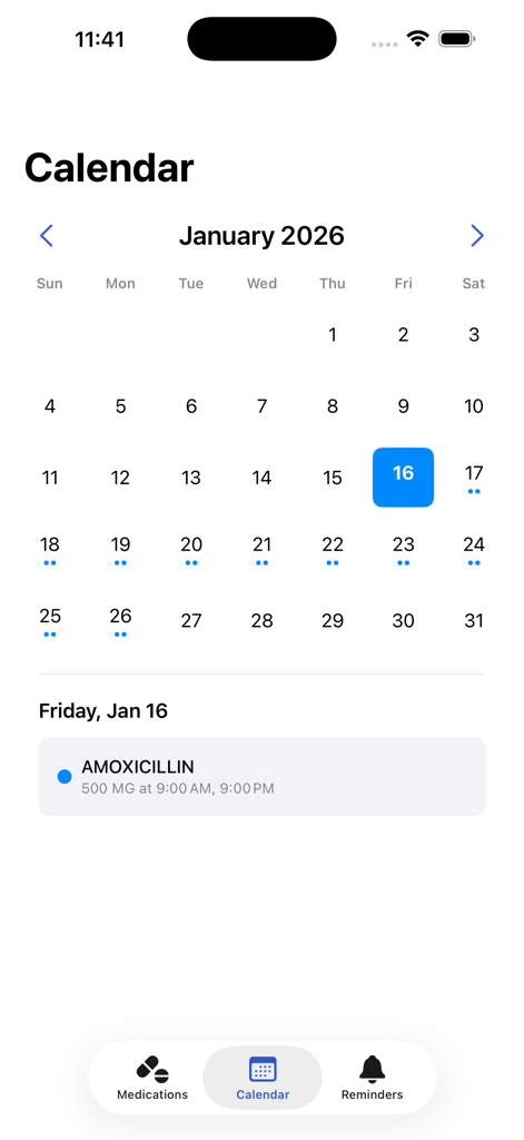 MedSnap - Snap It, Track It - MedSnap app showing a medication calendar with scheduled amoxicillin doses
