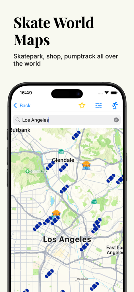 El mapa mundial de skate de la aplicación Skate Tricks que muestra skateparks y tiendas en Los Ángeles en un dispositivo móvil