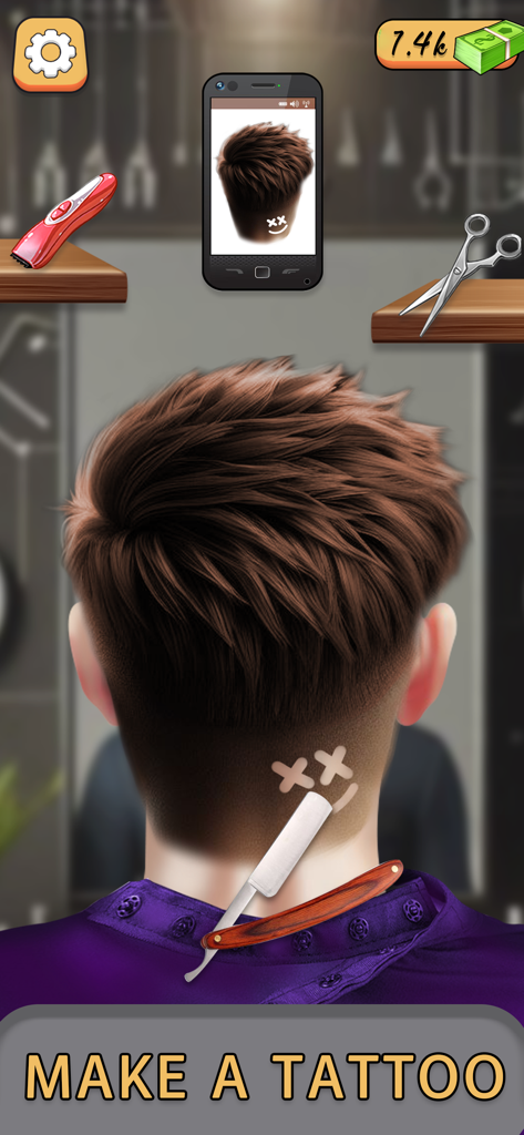 Barber Shop Games Hair Tattoo - Um jogador criando um design de tatuagem de cabelo personalizado com uma navalha no simulador de barbearia.