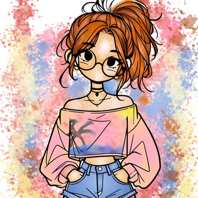 girl with a messy ponytail glasses a baggy crop top and jean shorts