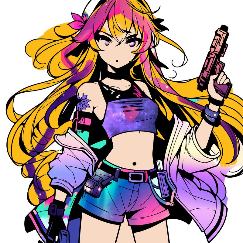 bad girl wearing crop top holding a gun long hair anime