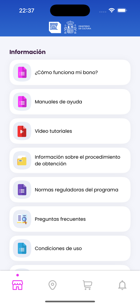 Menú de información de la aplicación móvil Bono Cultural Joven 2025 que muestra manuales de ayuda y tutoriales.