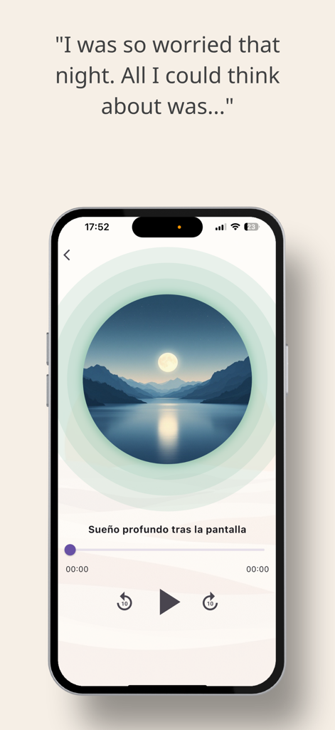 Interface of the Mint AI app showing a personalized sleep meditation session with a serene moonlit landscape and playback controls
