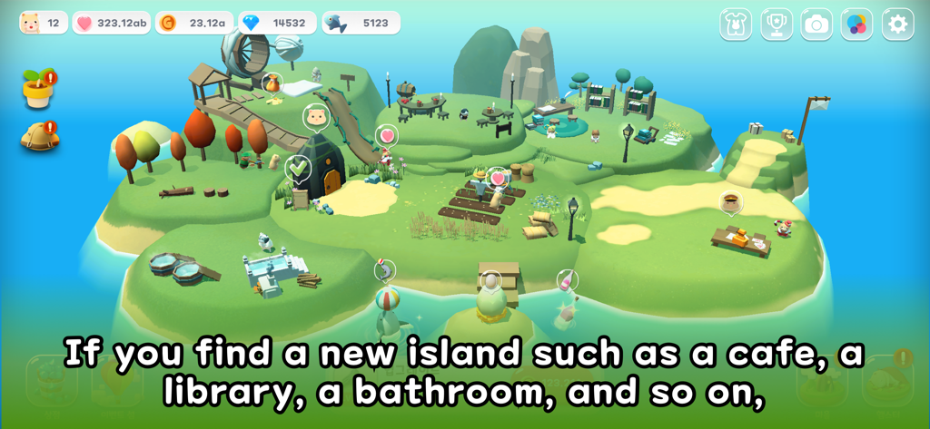 A colorful floating island in Hamster Village with a cafe and library