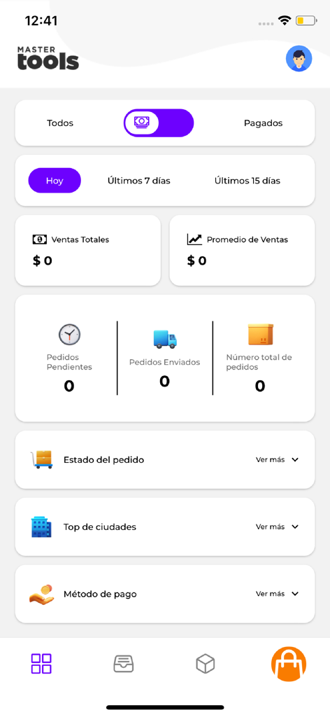 Panel de la aplicación MasterTools mostrando métricas de ventas y estado de pedidos en español