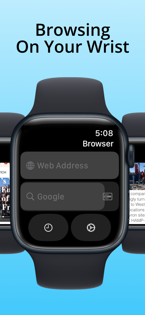 Apple Watch displaying the main interface of a web browser app with search and URL input fields