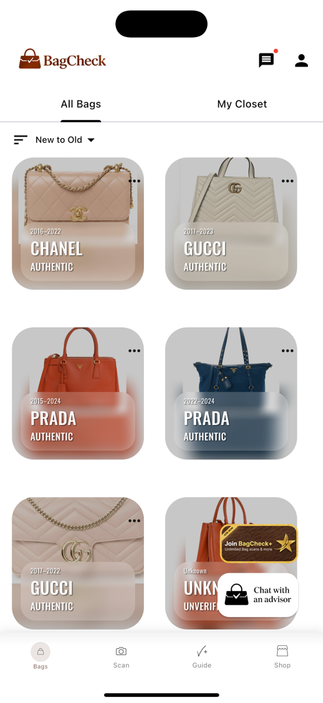 Mobile app interface of BagCheck showing a grid of authenticated luxury handbags from brands like Chanel, Gucci, and Prada in a user closet view.
