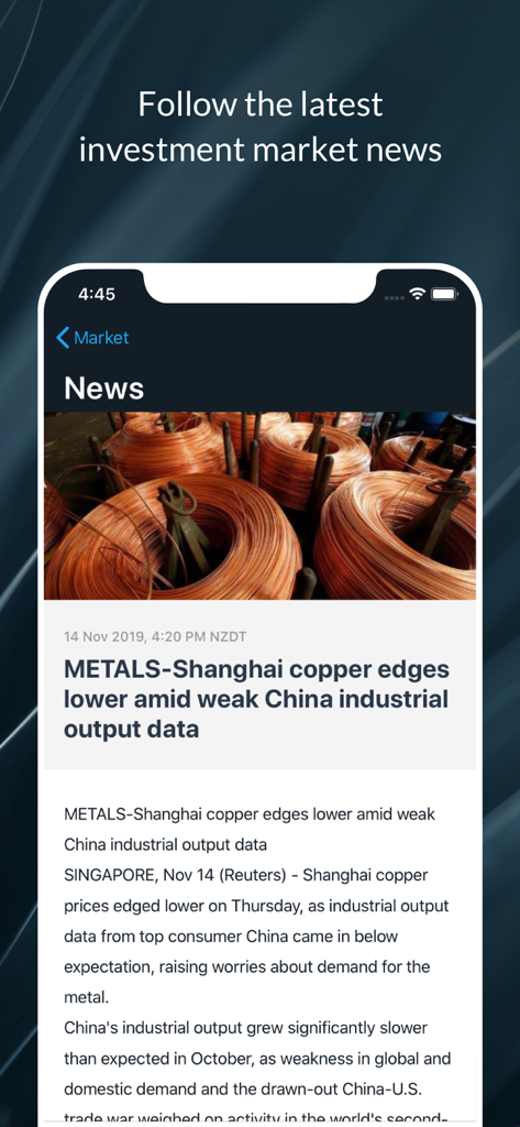 Forsyth Barr - Screenshot of the Forsyth Barr app news section showing global investment market updates and commodity news