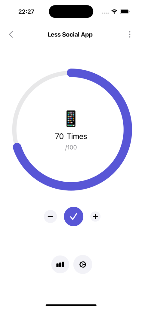 Habitify: Goals Tracker - Habitifyアプリの円形の進捗トラッカー。ソーシャルアプリ使用時間の削減目標の100件中70件の完了が表示されています
