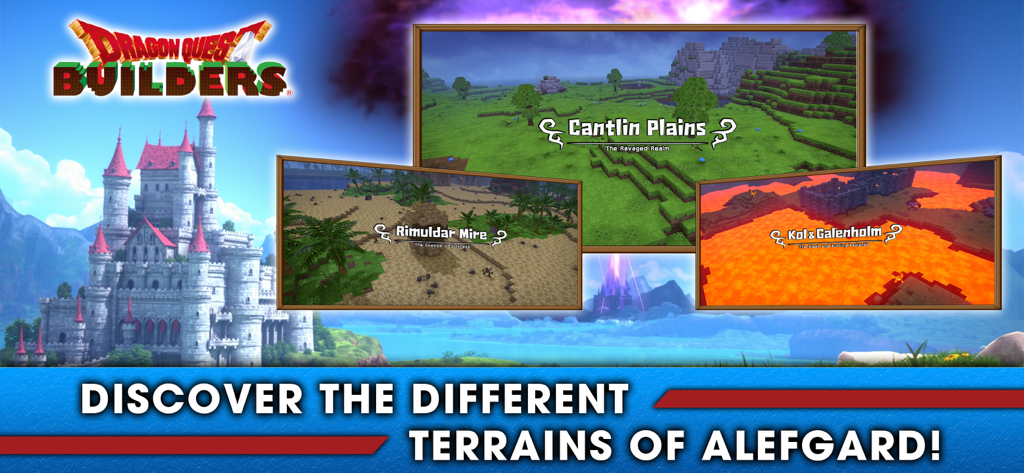 DRAGON QUEST BUILDERS - Promotional graphic for Dragon Quest Builders showing different terrains of Alefgard including Cantlin Plains, Rimuldar Mire, and Kol and Galenholm alongside a large castle.