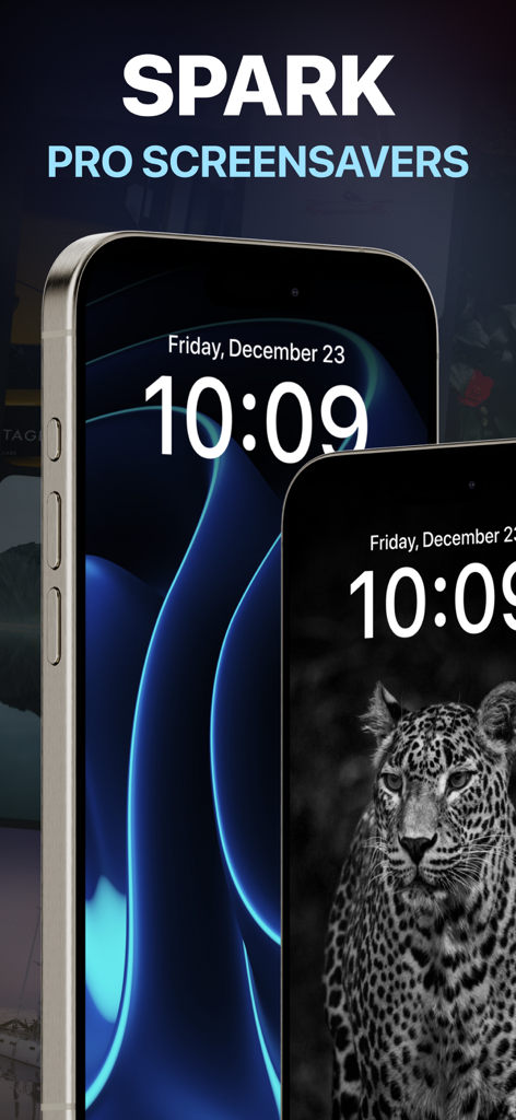 Spark: Pro Screensavers - Two iPhones displaying a blue abstract and a black and white leopard wallpaper from the Spark Pro Screensavers app