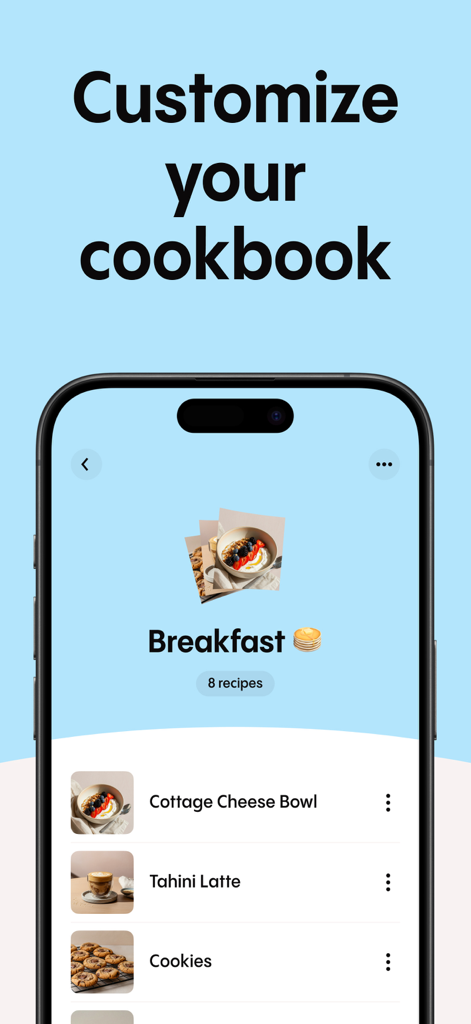 Recipe Keeper & Saver - Recify - Écran de l'application Recify montrant une collection personnalisée de recettes de petit-déjeuner