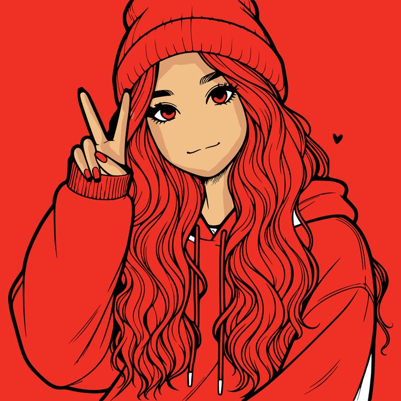 a teenage girl in a beanie, oversized sweatshirt, wavy long hair, and is showing a ✌️