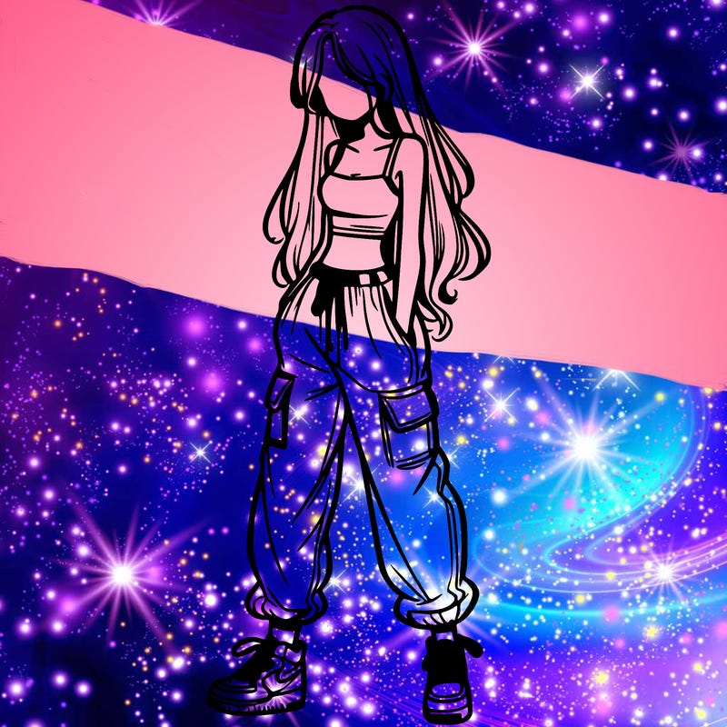 girl in baggy pants crop top and long hair