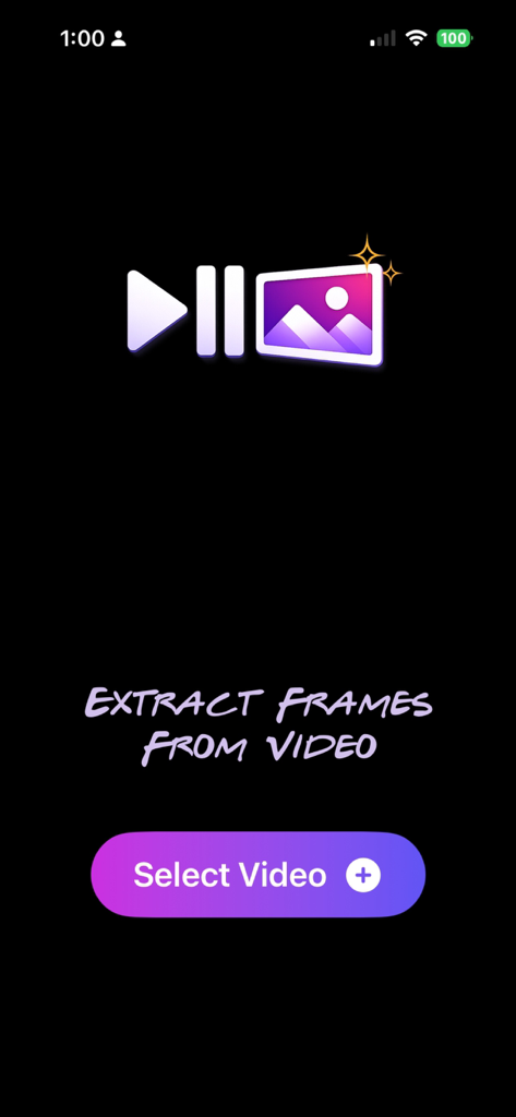 Pantalla de inicio de la aplicación Extract Frames from Video que muestra un botón para seleccionar vídeo e iconos de reproducción/pausa