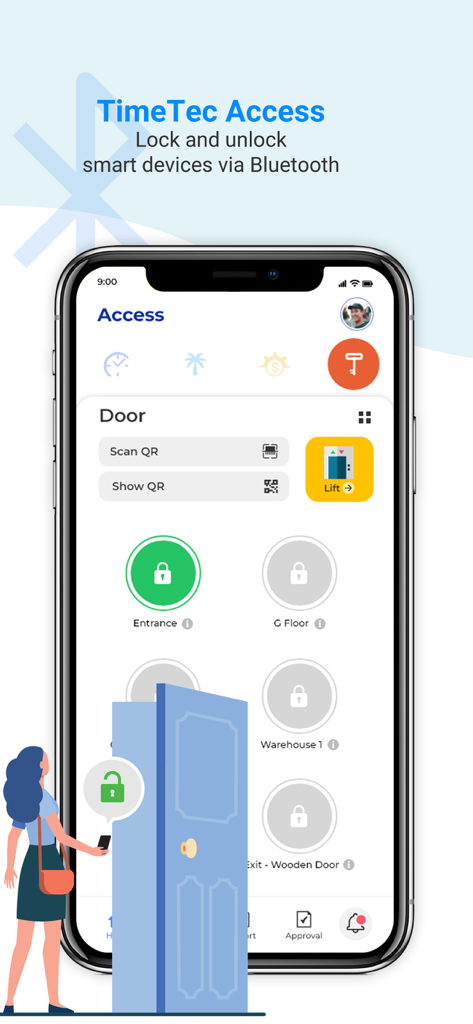 TimeTec HR - TimeTec HR app interface showing the Access feature for locking and unlocking smart doors via Bluetooth.