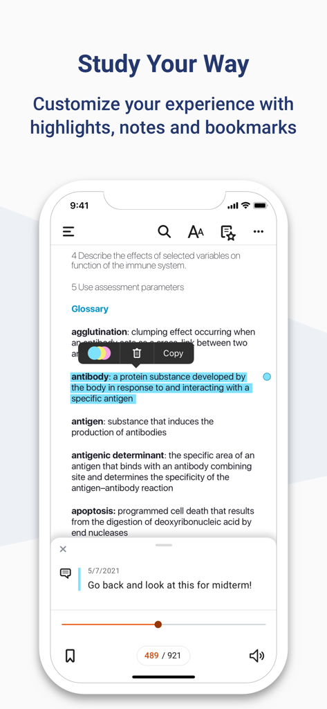 Elsevier eBooks on VitalSource - Interfaz de la aplicación Elsevier eBooks que muestra texto médico con un resaltado azul y una nota de estudio personalizada para el repaso del examen parcial.