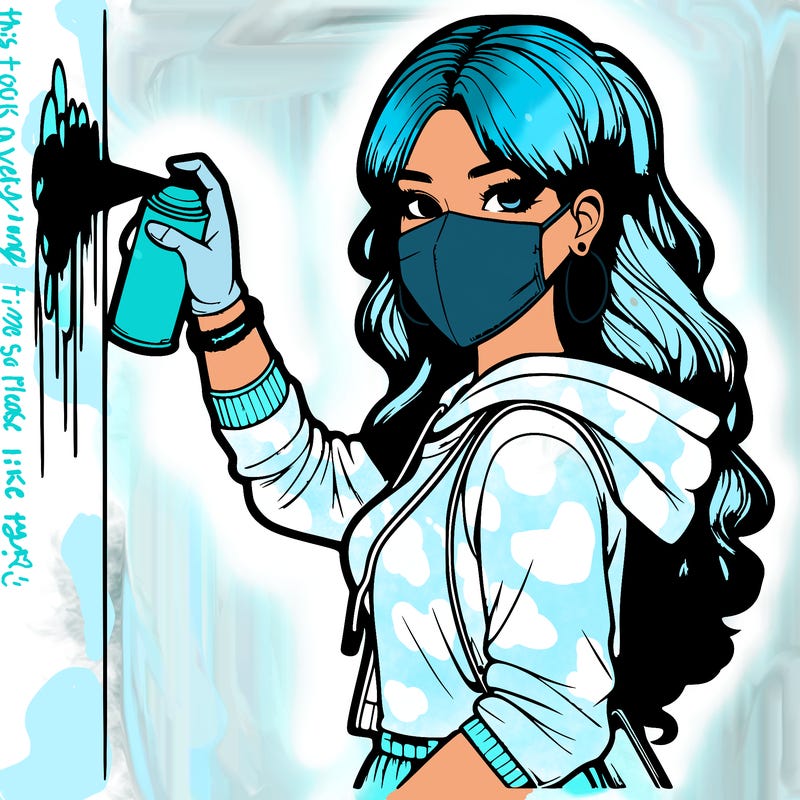 realistic girl with mask spray painting a wall