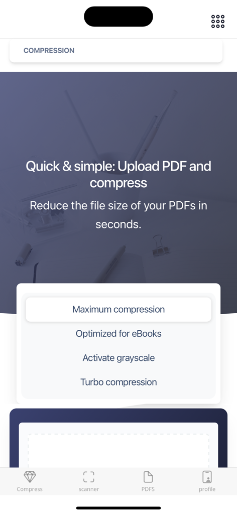 PDF Scanner Converter & Editor - PDF-Komprimierungsfunktionen-Oberfläche mit verschiedenen Einstellungen zur Dateireduzierung wie maximale und Turbo-Komprimierung