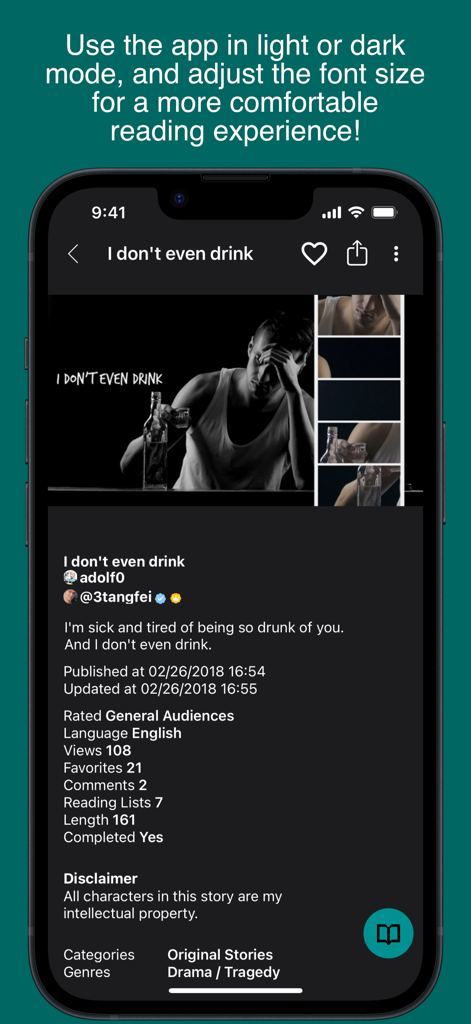 Spirit Fanfiction app interface in dark mode showing a story description and reading customization options.