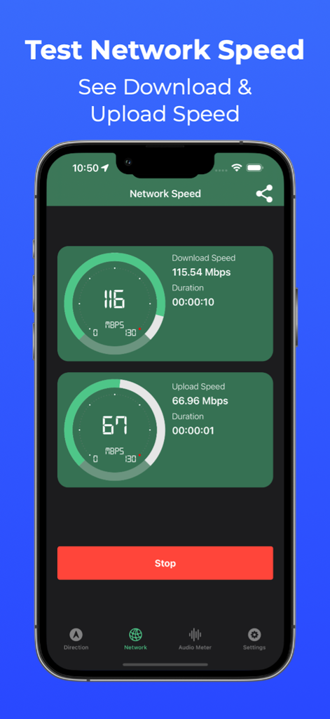 My Speed: Speedometer Car/Wifi - Interfaz de prueba de velocidad de red que muestra las velocidades de descarga y carga en la aplicación My Speed.