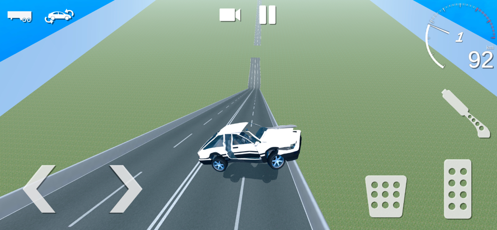 Car Crash Simulator Accident - A white car driving down a steep highway ramp in a physics based car crash simulator.