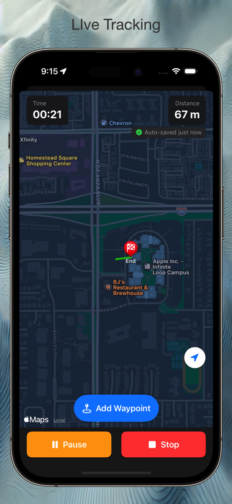 Geo Tracker: GPS Tracking - Geo Tracker App-Oberfläche mit live GPS-Tracking, Kartenansicht, Distanz- und Zeitmetriken