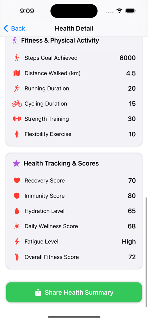 Calmi Health app interface showing fitness activity and health tracking scores