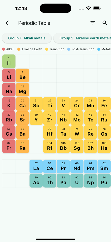 Chemistry lab pro - Una tabla periódica de elementos químicos codificada por colores en la aplicación Chemistry Lab Pro