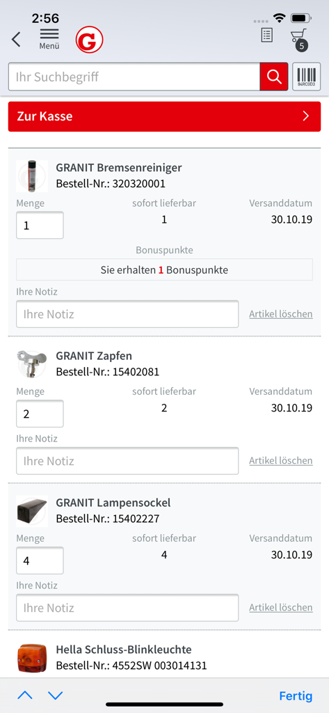 GRANIT PARTS - Schermata di checkout dell'app GRANIT PARTS che mostra più pezzi di ricambio agricoli nel carrello con dettagli di consegna