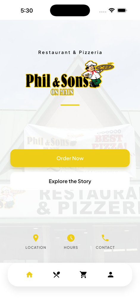 Pantalla de inicio de la aplicación móvil Phil and Sons con el logo del restaurante y el botón de pedir ahora