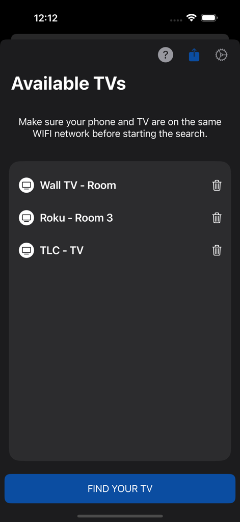 TV Remote • Universal Control - Écran d'iPhone montrant une liste de téléviseurs intelligents connectés pour l'application de télécommande universelle