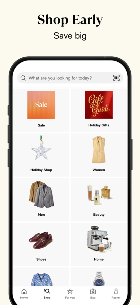 Interface do aplicativo móvel Macy's mostrando uma grade de categorias de compras, incluindo Promoção, Presentes de Fim de Ano e Moda Feminina.