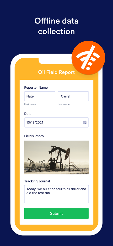 Jotform Enterprise Mobile App-Oberfläche zur Offline-Datenerfassung, die einen Ölfeldbericht zeigt.