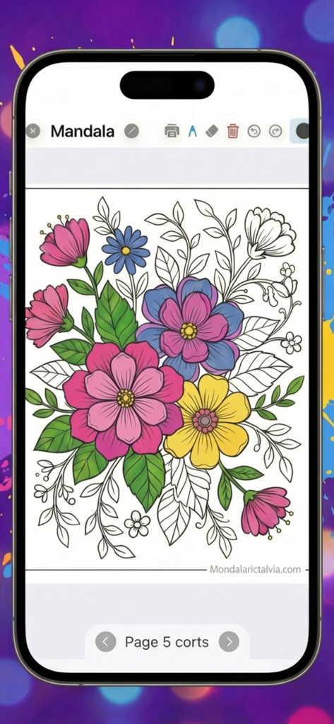 Color Kingdom - A floral mandala being colored inside the Color Kingdom app on an iPhone