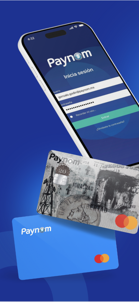 Paynom - Pantalla de inicio de sesión de la aplicación móvil Paynom mostrada en un smartphone junto a dos tarjetas de marca Paynom