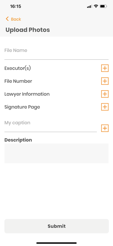 SideDrawer - SideDrawer app interface for uploading estate documents with fields for executor and lawyer details